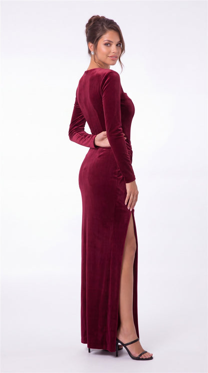 Square Neck Long Sleeve Velvet Ruched Slit Maxi Gown - Detail 4