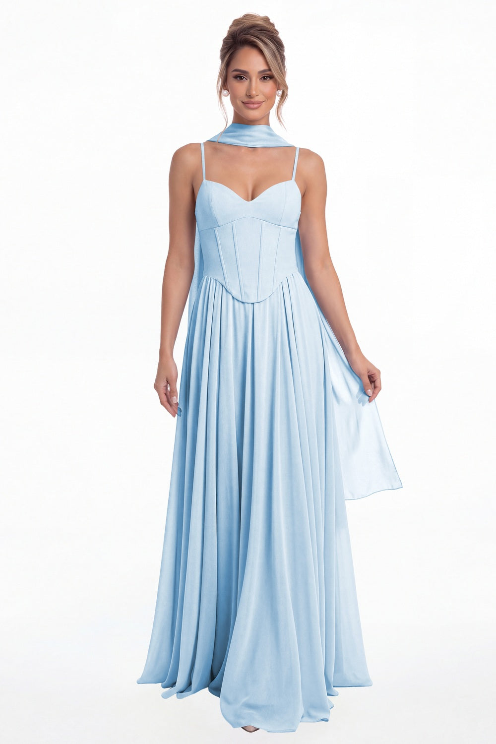 Baby Blue Sweetheart Adjustable Strap Chiffon A-Line Maxi Gown - Front View