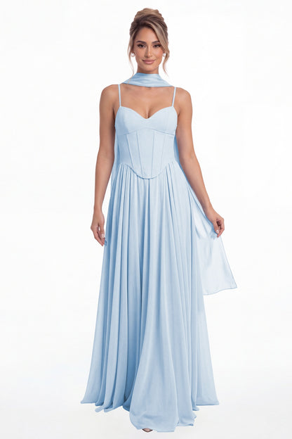 Baby Blue Sweetheart Adjustable Strap Chiffon A-Line Maxi Gown - Front View