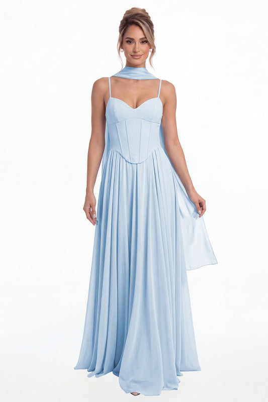 Baby Blue Sweetheart Adjustable Strap Chiffon A-Line Maxi Gown - Front View