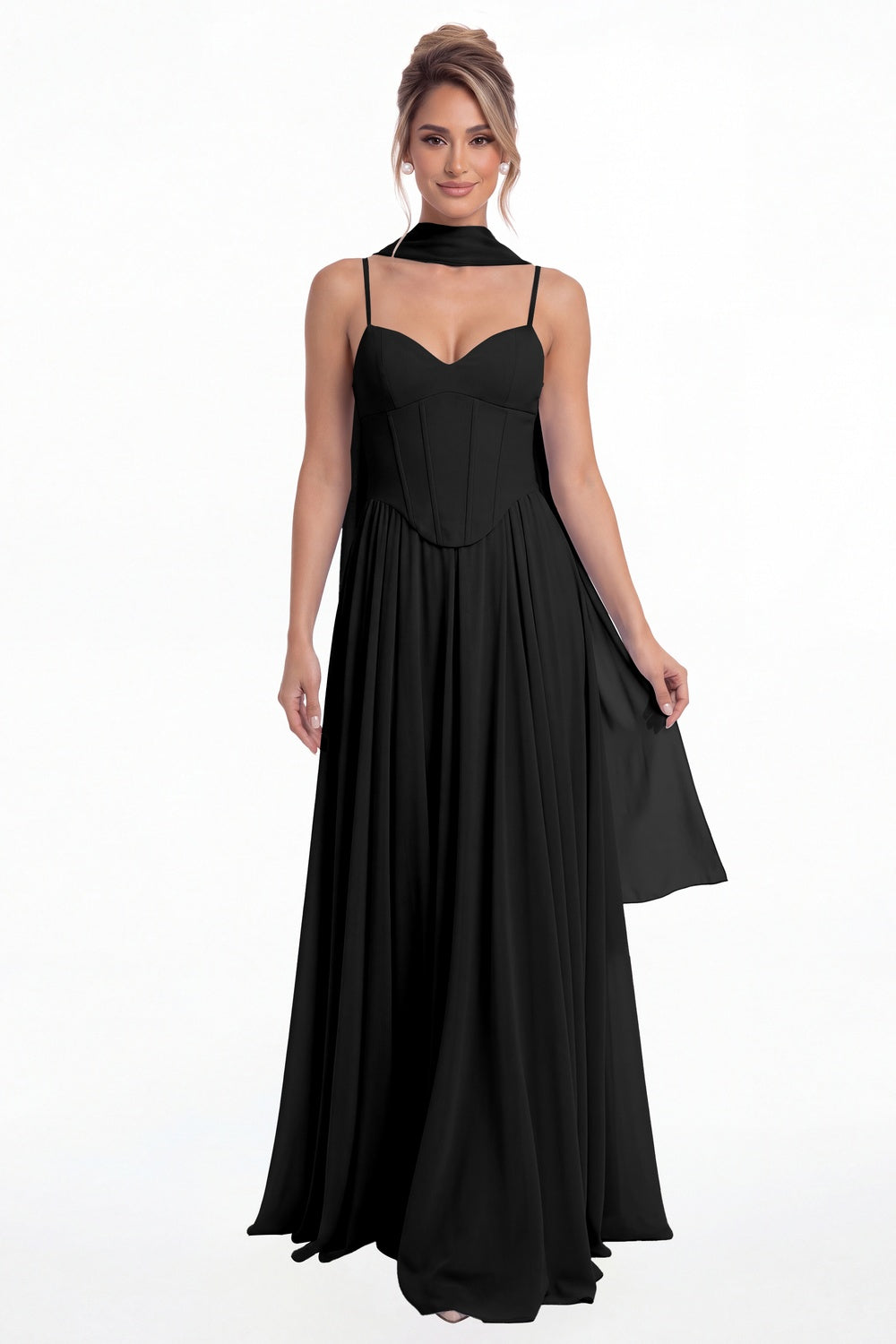 Black Sweetheart Adjustable Strap Chiffon A-Line Maxi Gown - Front View