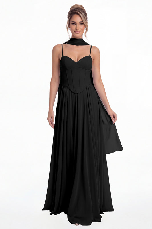 Black Sweetheart Adjustable Strap Chiffon A-Line Maxi Gown - Front View