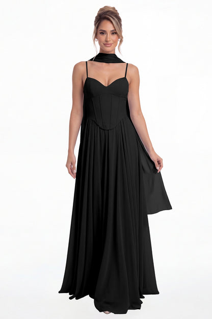 Black Sweetheart Adjustable Strap Chiffon A-Line Maxi Gown - Front View