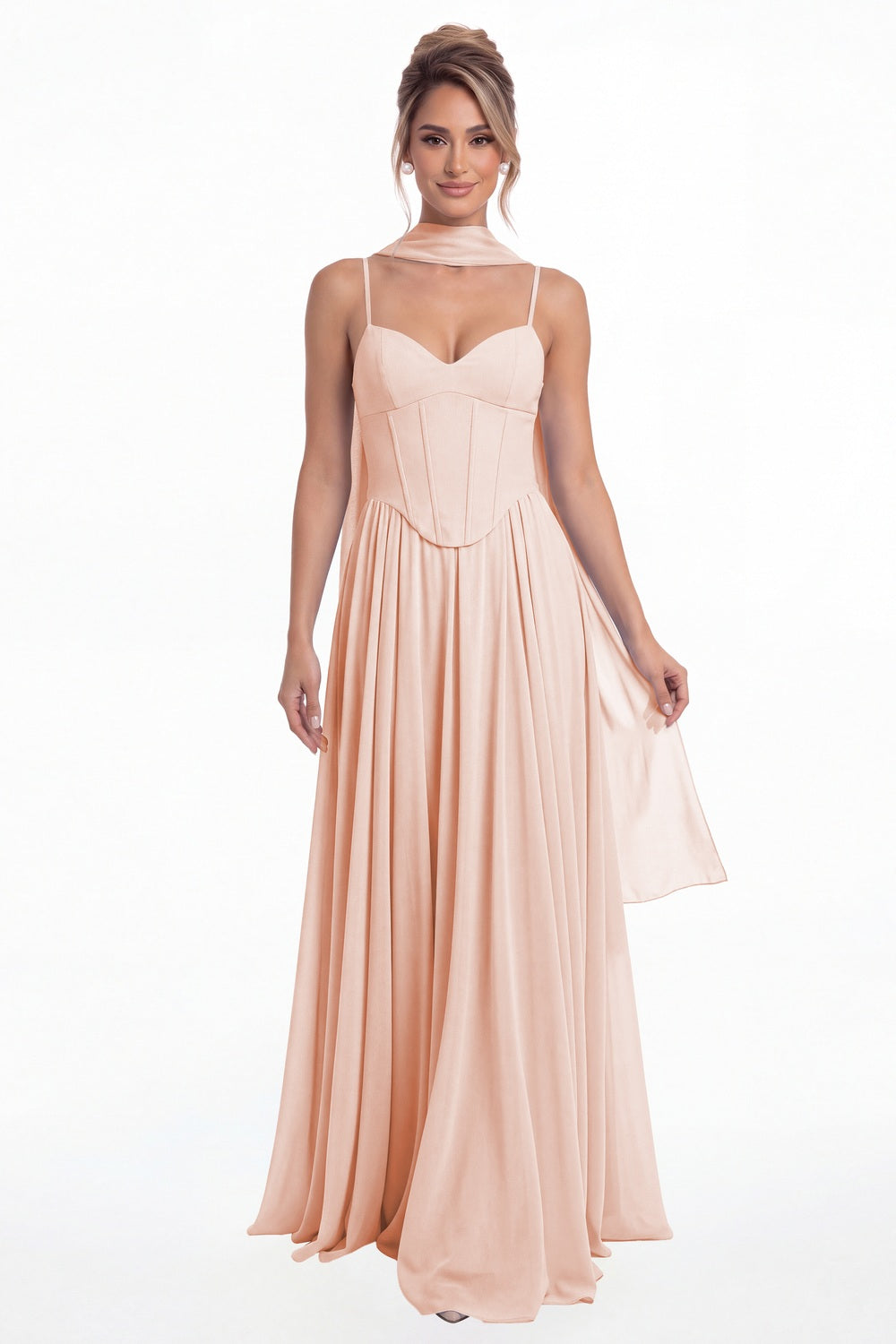 Blush Pink Sweetheart Adjustable Strap Chiffon A-Line Maxi Gown - Front View