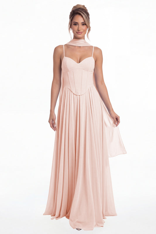 Blush Pink Sweetheart Adjustable Strap Chiffon A-Line Maxi Gown - Front View