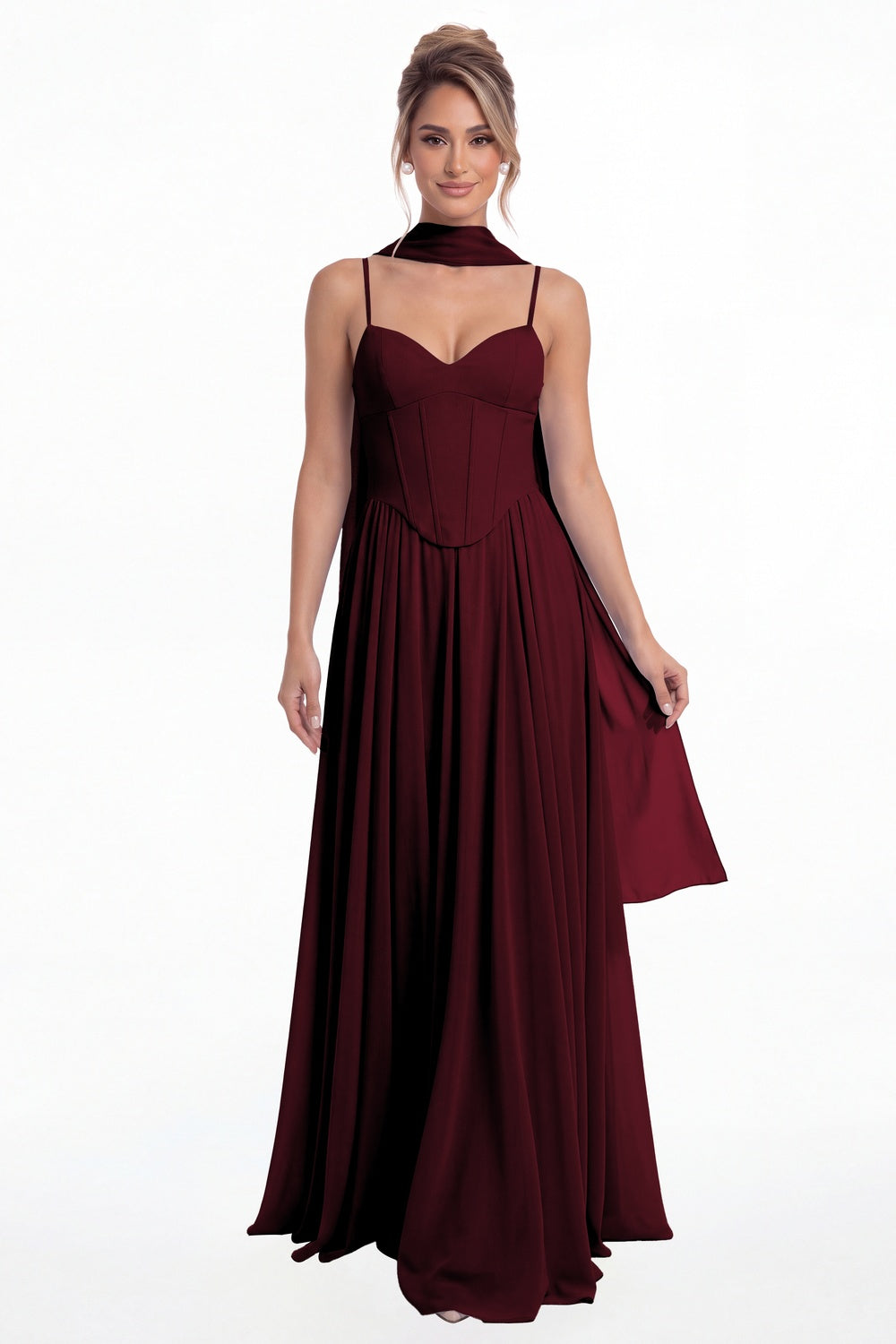 Burgundy Sweetheart Adjustable Strap Chiffon A-Line Maxi Gown - Front View