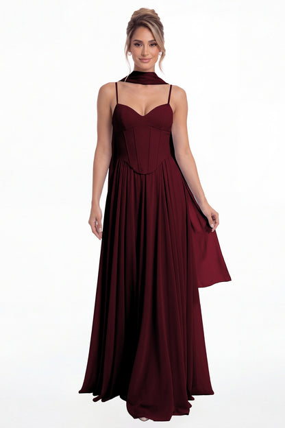 Burgundy Sweetheart Adjustable Strap Chiffon A-Line Maxi Gown - Front View
