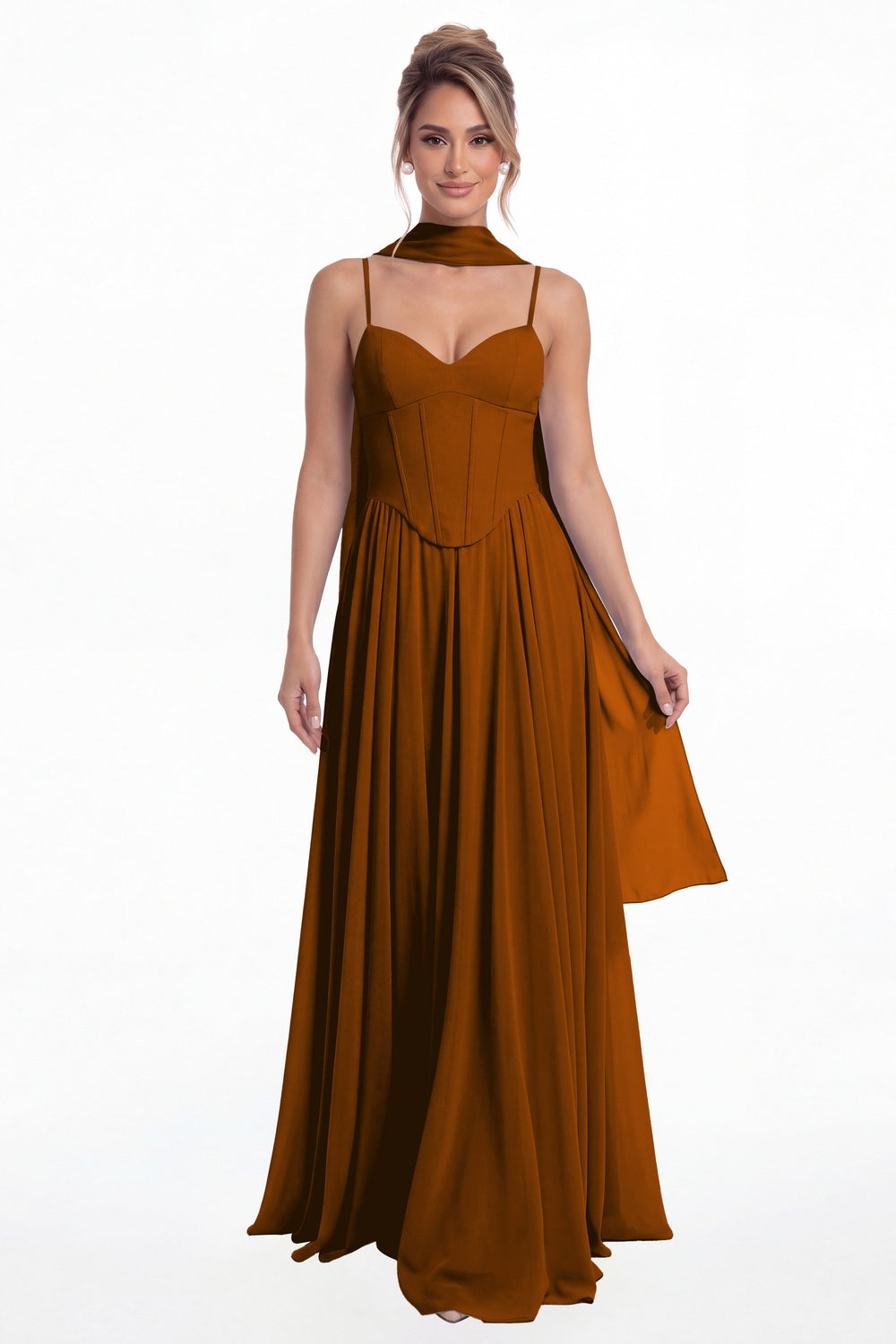 Burnt Orange Sweetheart Adjustable Strap Chiffon A-Line Maxi Gown - Front View