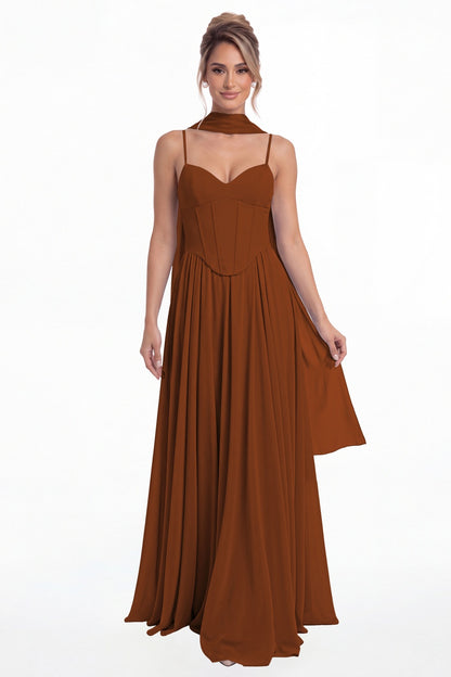Burnt Orange Sweetheart Adjustable Strap Chiffon A-Line Maxi Gown - Front View