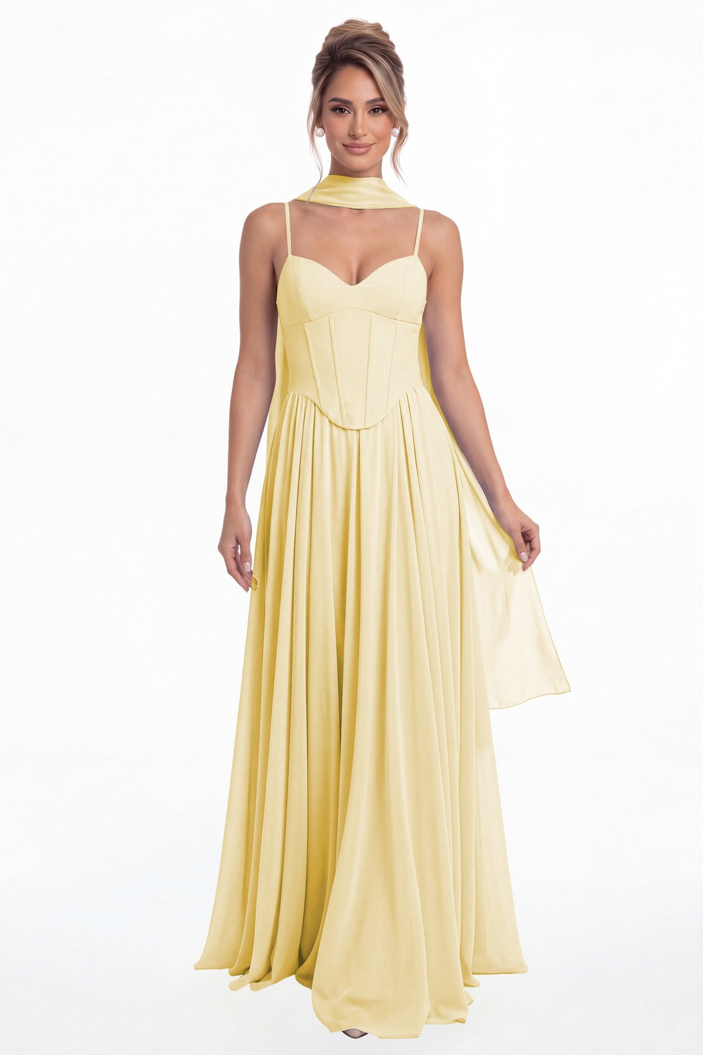 Butter Yellow Sweetheart Adjustable Strap Chiffon A-Line Maxi Gown - Front View