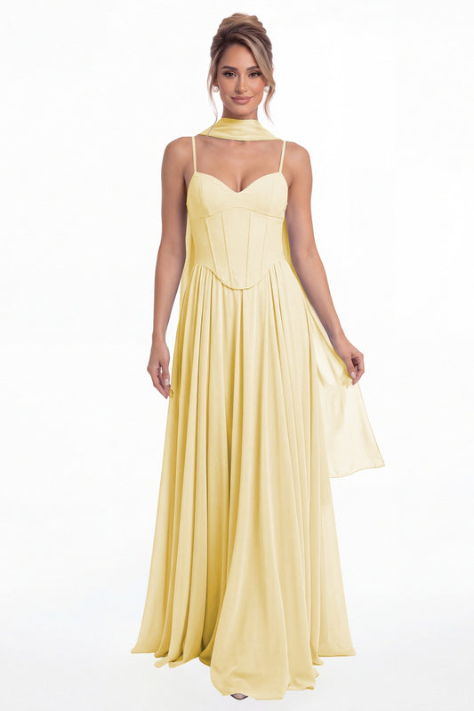 Butter Yellow Sweetheart Adjustable Strap Chiffon A-Line Maxi Gown - Front View