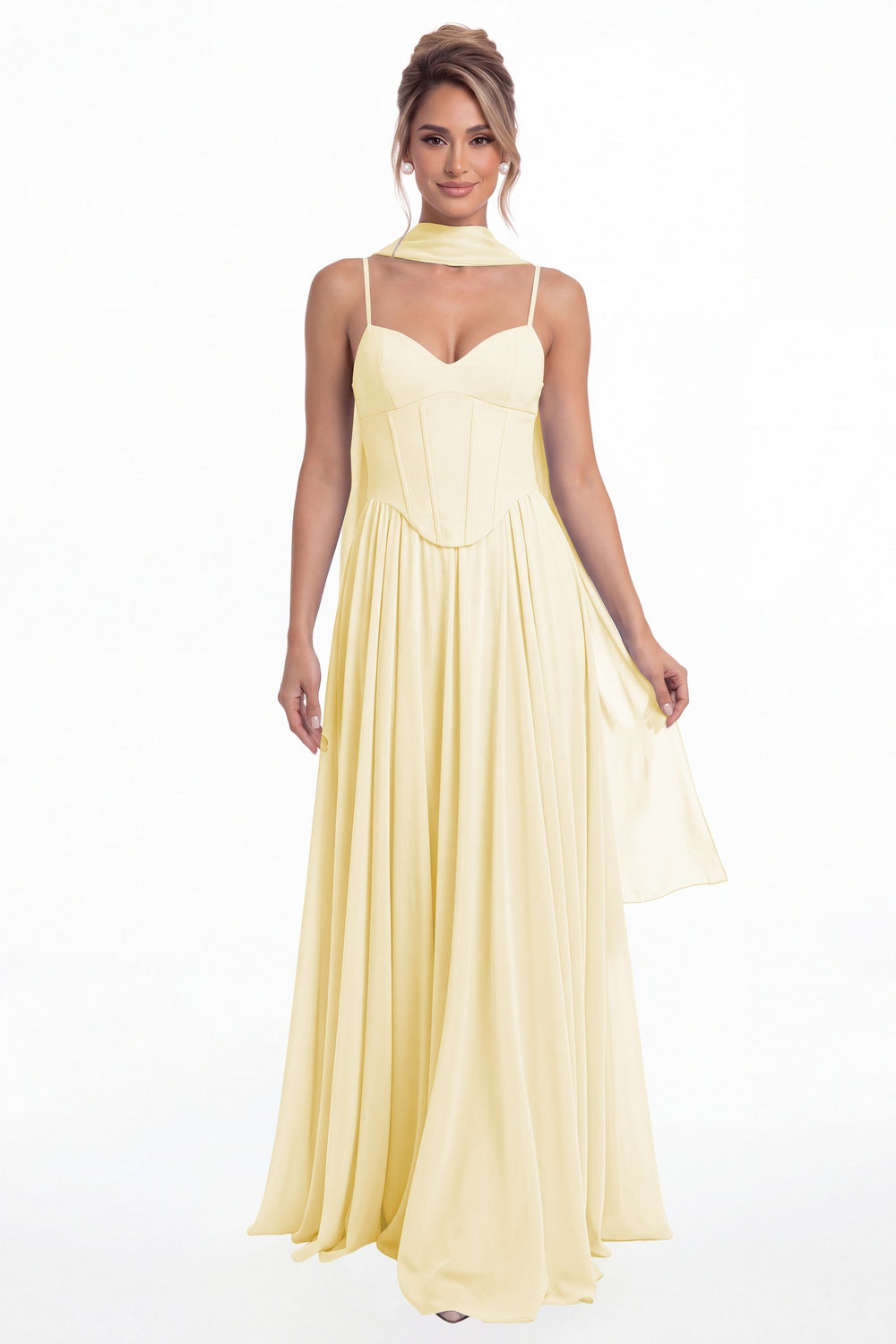 Butter Yellow Sweetheart Adjustable Strap Chiffon A-Line Maxi Gown - Front View