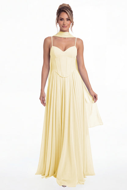 Butter Yellow Sweetheart Adjustable Strap Chiffon A-Line Maxi Gown - Front View