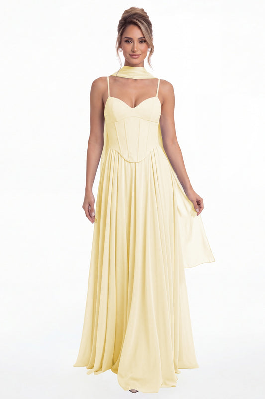 Butter Yellow Sweetheart Adjustable Strap Chiffon A-Line Maxi Gown - Front View