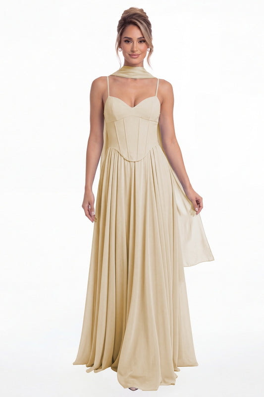 Champagne Sweetheart Adjustable Strap Chiffon A-Line Maxi Gown - Front View