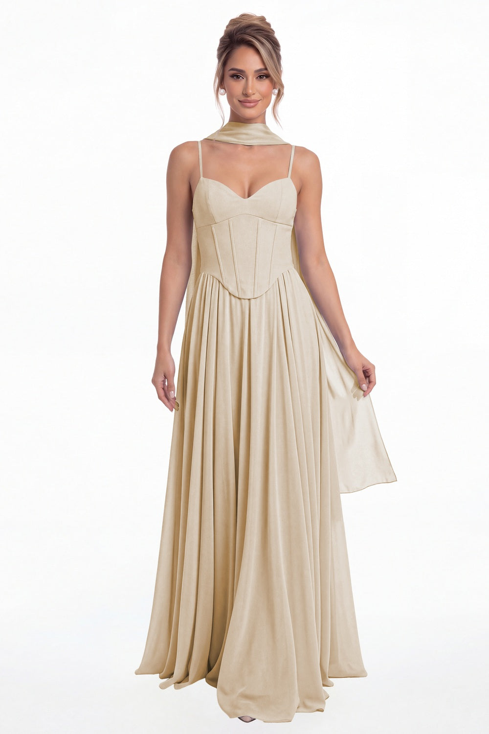 Champagne Sweetheart Adjustable Strap Chiffon A-Line Maxi Gown - Front View