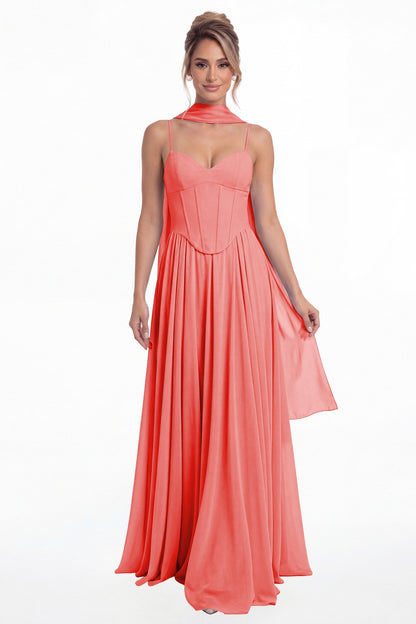 Coral Sweetheart Adjustable Strap Chiffon A-Line Maxi Gown - Front View