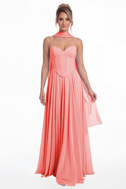 Coral Sweetheart Adjustable Strap Chiffon A-Line Maxi Gown - Front View