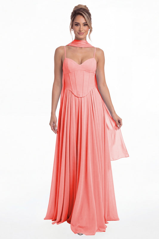 Coral Sweetheart Adjustable Strap Chiffon A-Line Maxi Gown - Front View