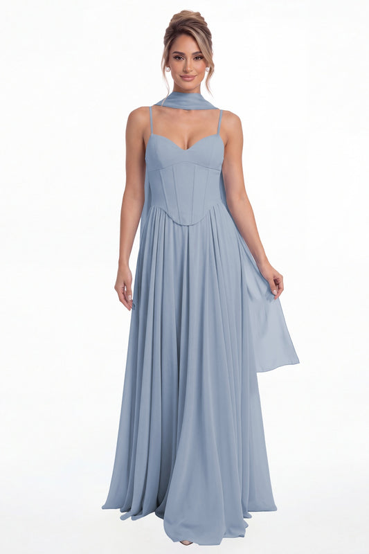 Dusty Blue Sweetheart Adjustable Strap Chiffon A-Line Maxi Gown - Front View