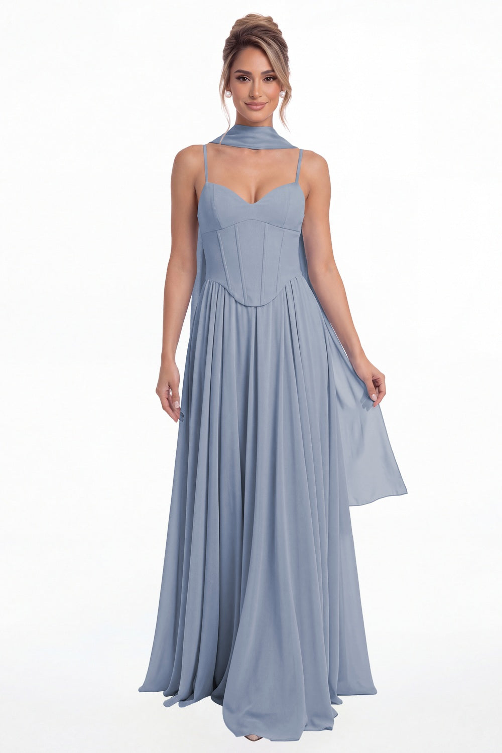 Dusty Blue Sweetheart Adjustable Strap Chiffon A-Line Maxi Gown - Front View