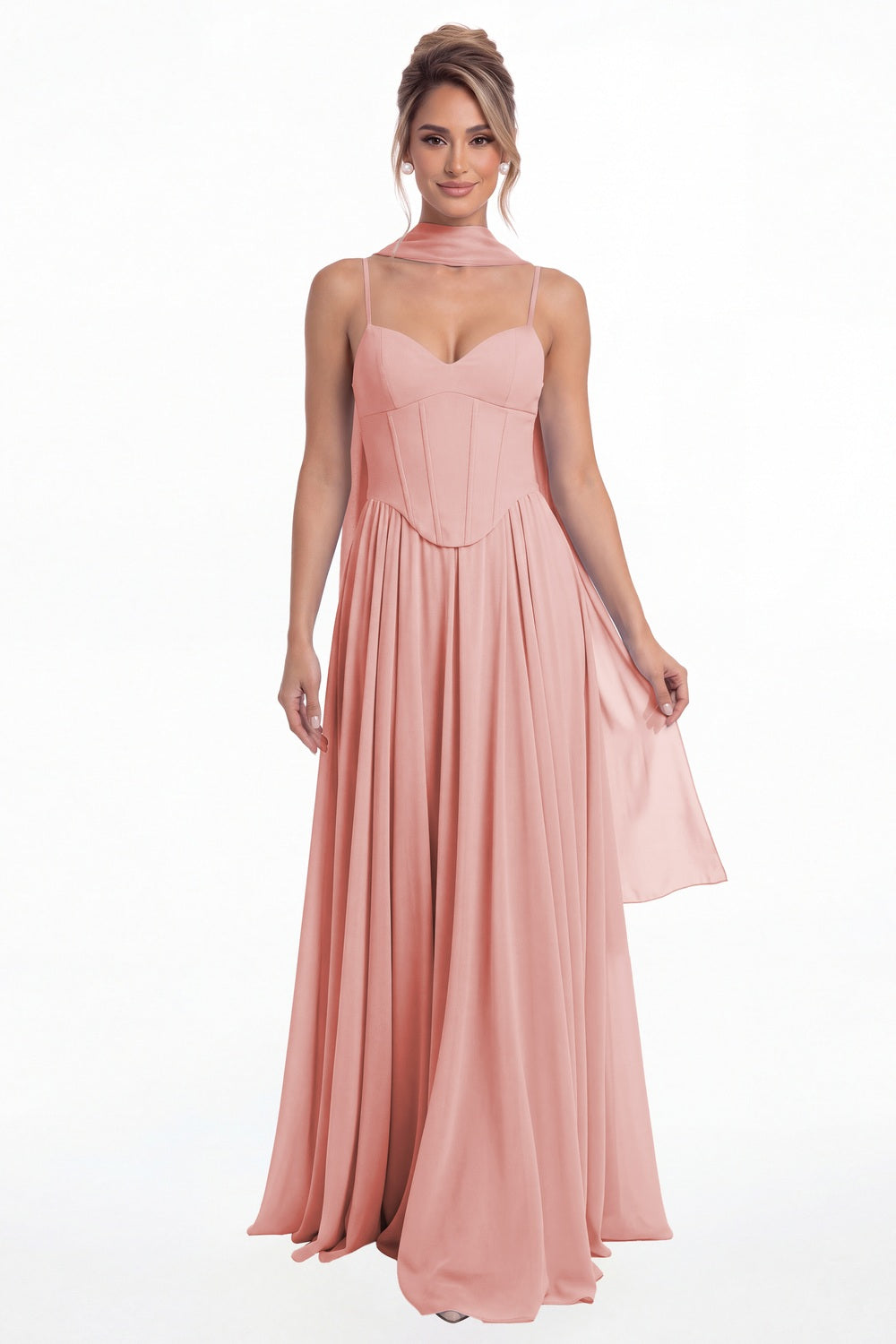Dusty Rose Sweetheart Adjustable Strap Chiffon A-Line Maxi Gown - Front View