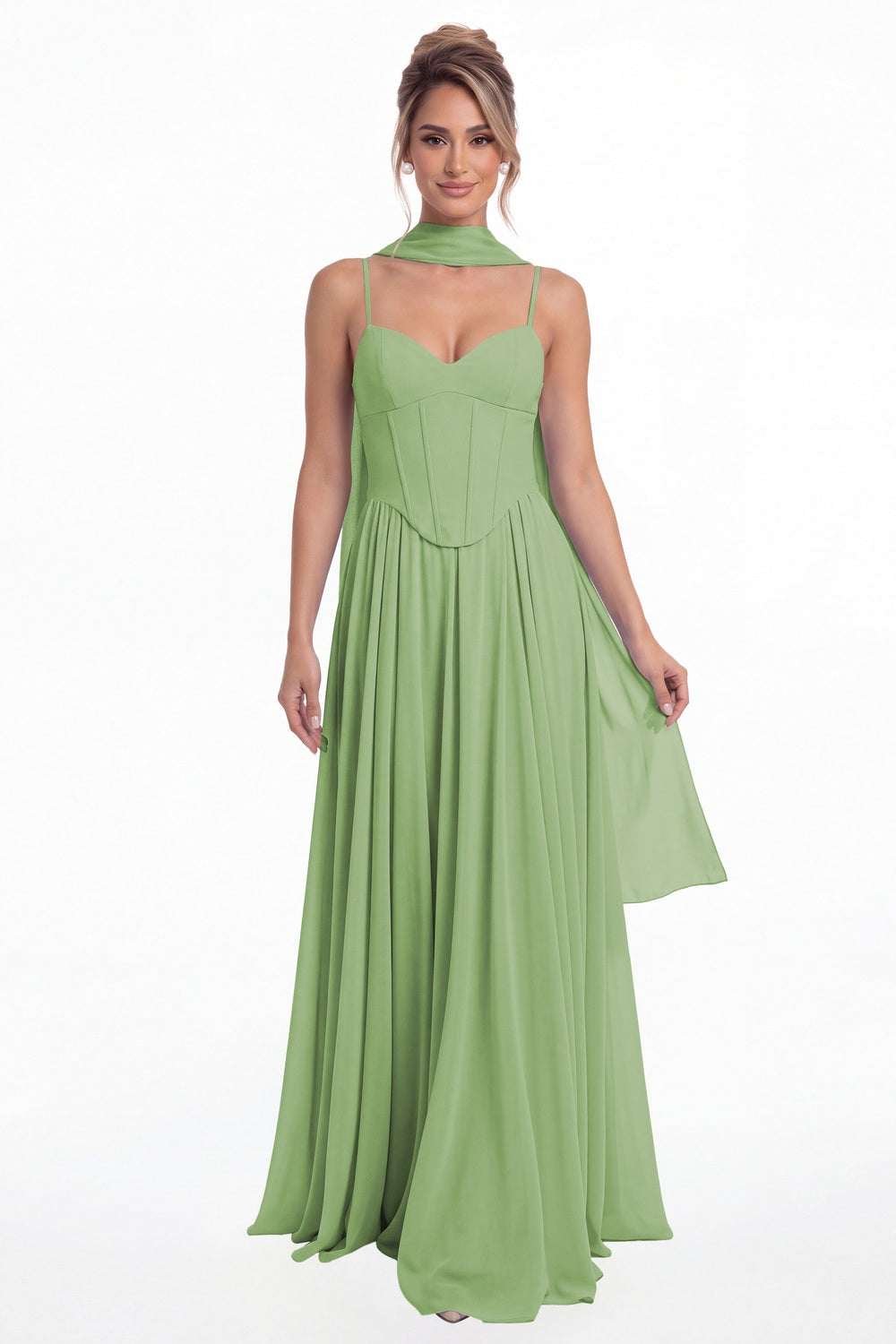 Dusty Sage Sweetheart Adjustable Strap Chiffon A-Line Maxi Gown - Front View