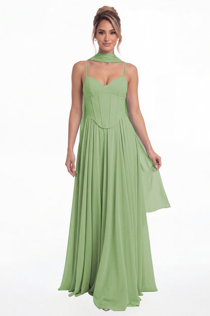 Dusty Sage Sweetheart Adjustable Strap Chiffon A-Line Maxi Gown - Front View