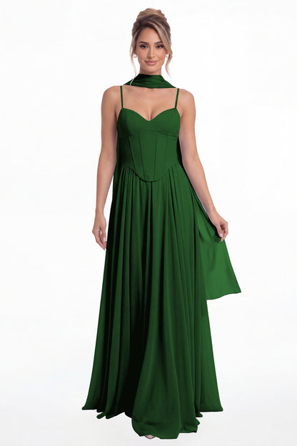 Emerald Green Sweetheart Adjustable Strap Chiffon A-Line Maxi Gown - Front View