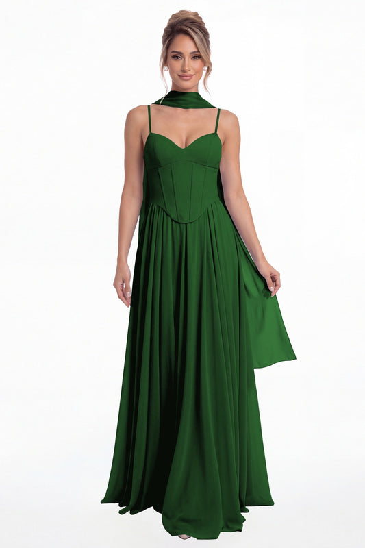 Emerald Green Sweetheart Adjustable Strap Chiffon A-Line Maxi Gown - Front View
