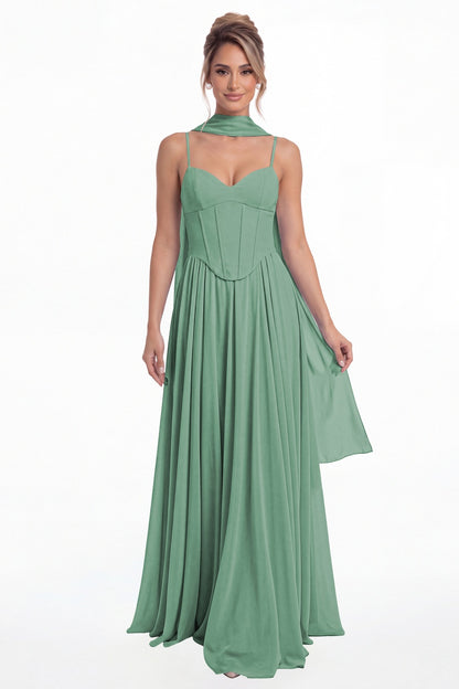 Eucalyptus Sweetheart Adjustable Strap Chiffon A-Line Maxi Gown - Front View