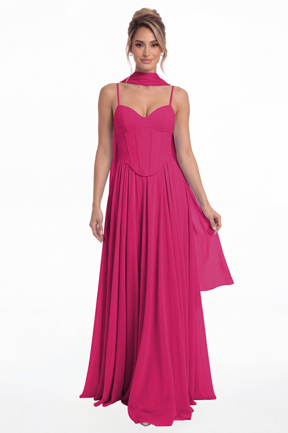 Fuchsia Sweetheart Adjustable Strap Chiffon A-Line Maxi Gown - Front View