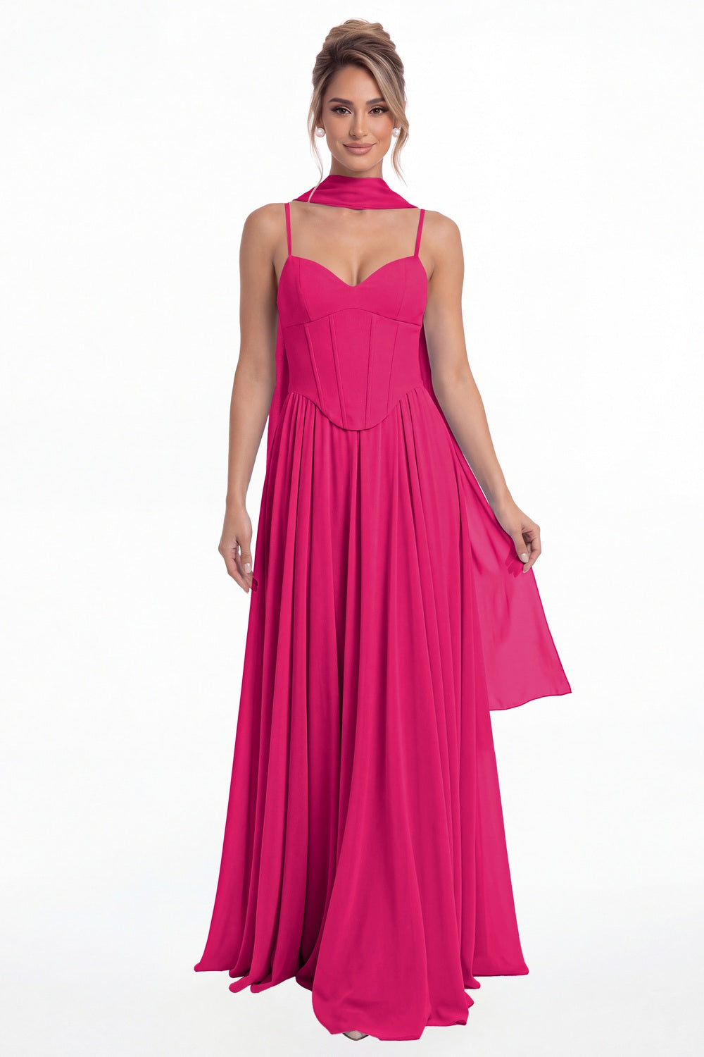Fuchsia Sweetheart Adjustable Strap Chiffon A-Line Maxi Gown - Front View