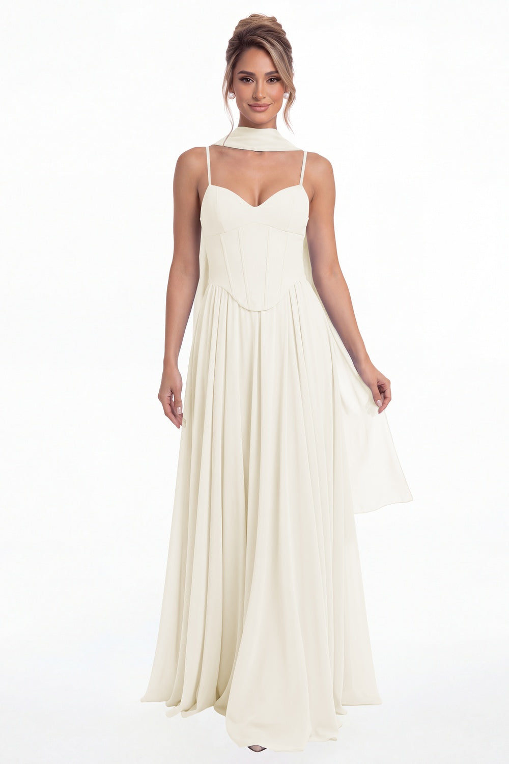 Ivory Sweetheart Adjustable Strap Chiffon A-Line Maxi Gown - Front View