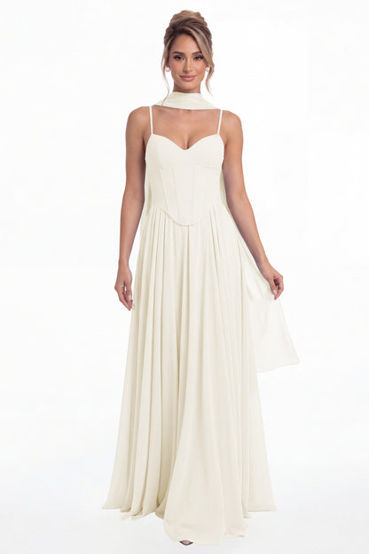 Ivory Sweetheart Adjustable Strap Chiffon A-Line Maxi Gown - Front View