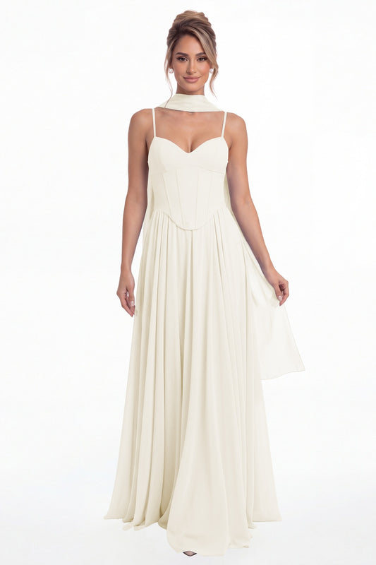 Ivory Sweetheart Adjustable Strap Chiffon A-Line Maxi Gown - Front View