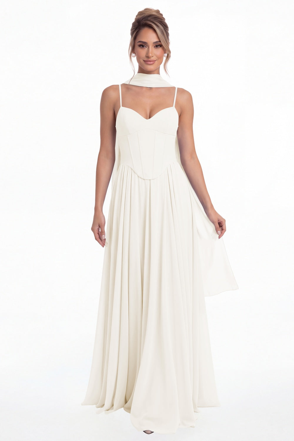Ivory Sweetheart Adjustable Strap Chiffon A-Line Maxi Gown - Front View