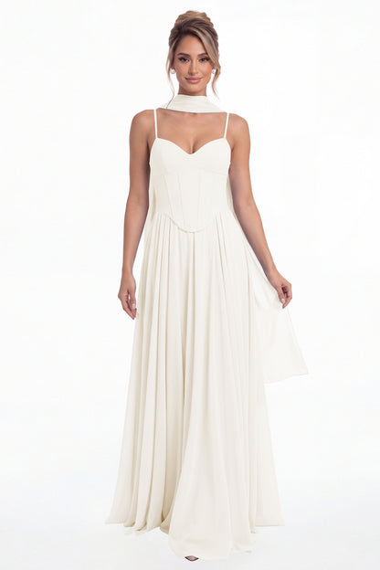 Ivory Sweetheart Adjustable Strap Chiffon A-Line Maxi Gown - Front View