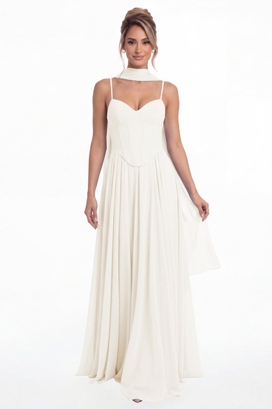 Ivory Sweetheart Adjustable Strap Chiffon A-Line Maxi Gown - Front View