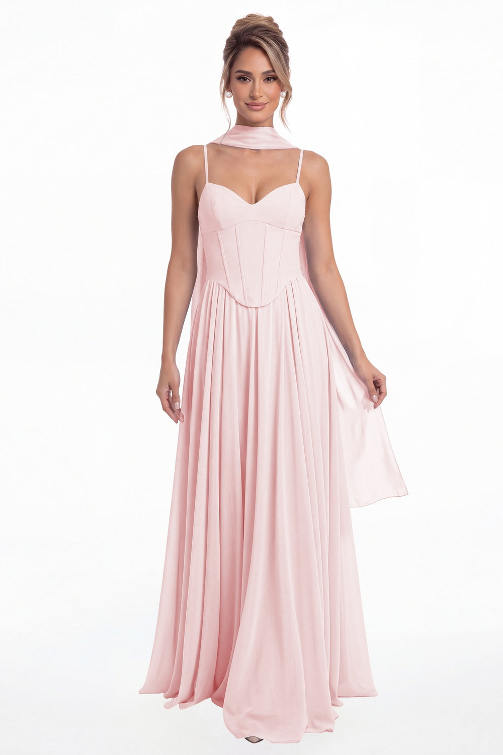 Light Pink Sweetheart Adjustable Strap Chiffon A-Line Maxi Gown - Front View