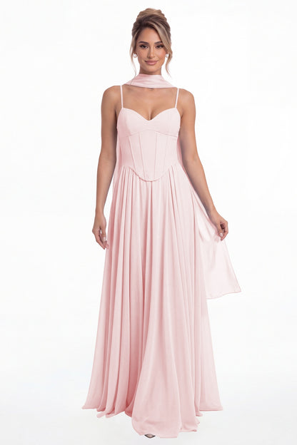 Light Pink Sweetheart Adjustable Strap Chiffon A-Line Maxi Gown - Front View
