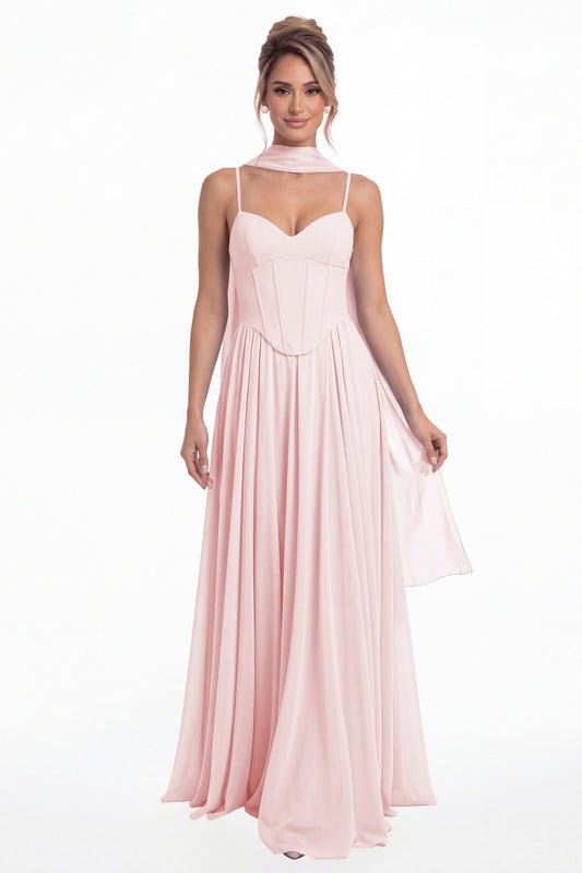 Light Pink Sweetheart Adjustable Strap Chiffon A-Line Maxi Gown - Front View