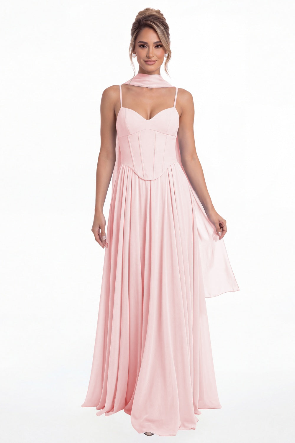 Light Pink Sweetheart Adjustable Strap Chiffon A-Line Maxi Gown - Front View