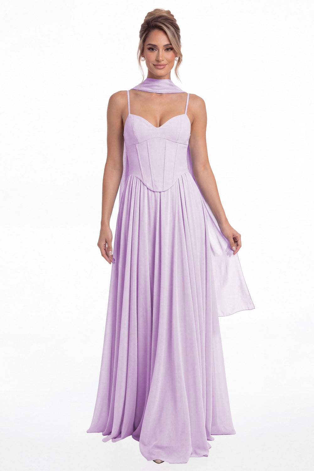 Lilac Sweetheart Adjustable Strap Chiffon A-Line Maxi Gown - Front View