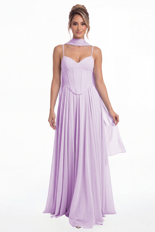 Lilac Sweetheart Adjustable Strap Chiffon A-Line Maxi Gown - Front View