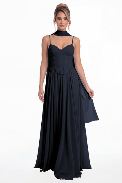 Navy Blue Sweetheart Adjustable Strap Chiffon A-Line Maxi Gown - Front View