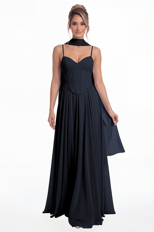 Navy Blue Sweetheart Adjustable Strap Chiffon A-Line Maxi Gown - Front View