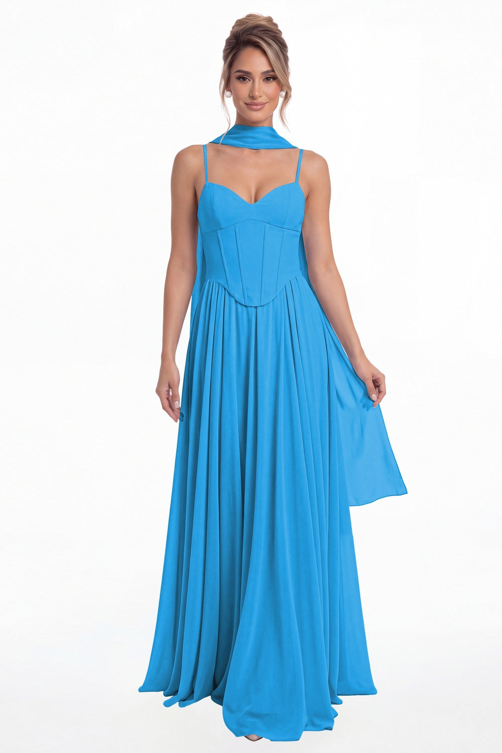 Ocean Blue Sweetheart Adjustable Strap Chiffon A-Line Maxi Gown - Front View