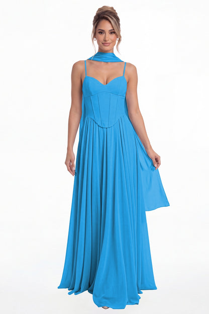 Ocean Blue Sweetheart Adjustable Strap Chiffon A-Line Maxi Gown - Front View