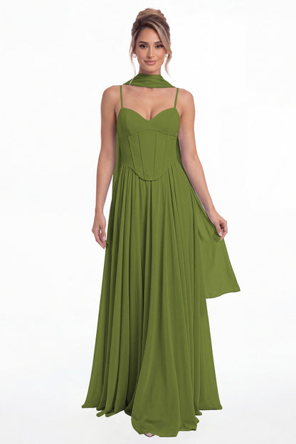 Olive Green Sweetheart Adjustable Strap Chiffon A-Line Maxi Gown - Front View
